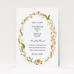 A wedding save the date card named "Midsummer Wreath". It is an A6 card in a portrait orientation. "Midsummer Wreath" is available as a flat card, with tones of orange, green and yellow.