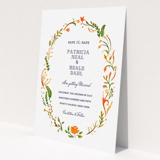A wedding save the date card named 'Midsummer Wreath'. It is an A6 card in a portrait orientation. 'Midsummer Wreath' is available as a flat card, with tones of orange, green and yellow.