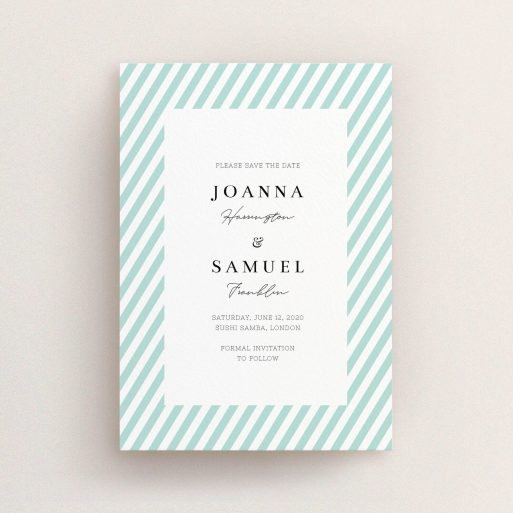 A wedding save the date card called "Mint Diagonals". It is an A6 card in a portrait orientation. "Mint Diagonals" is available as a flat card, with tones of green and white.