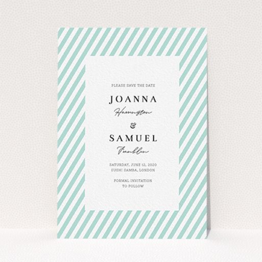 A wedding save the date card called "Mint Diagonals". It is an A6 card in a portrait orientation. "Mint Diagonals" is available as a flat card, with tones of green and white.