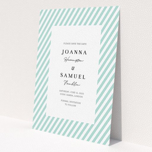 A wedding save the date card called 'Mint Diagonals'. It is an A6 card in a portrait orientation. 'Mint Diagonals' is available as a flat card, with tones of green and white.