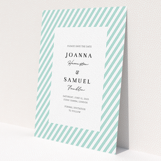A wedding save the date card called "Mint Diagonals". It is an A6 card in a portrait orientation. "Mint Diagonals" is available as a flat card, with tones of green and white.