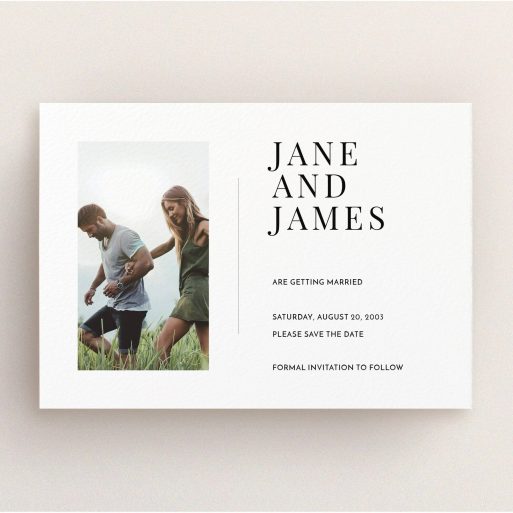 A wedding save the date card design called "Modern postcard". It is an A5 card in a landscape orientation. It is a photographic wedding save the date card with room for 1 photo. "Modern postcard" is available as a flat card, with mainly white colouring.