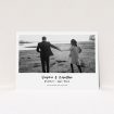 A wedding save the date card template titled "Monochrome Photo". It is an A5 card in a landscape orientation. It is a photographic wedding save the date card with room for 1 photo. "Monochrome Photo" is available as a flat card, with mainly white colouring.
