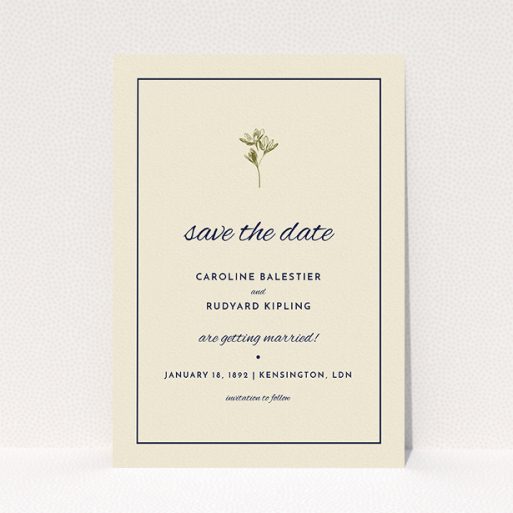A wedding save the date card design called "My little daisy". It is an A5 card in a portrait orientation. "My little daisy" is available as a flat card, with tones of cream and gold.