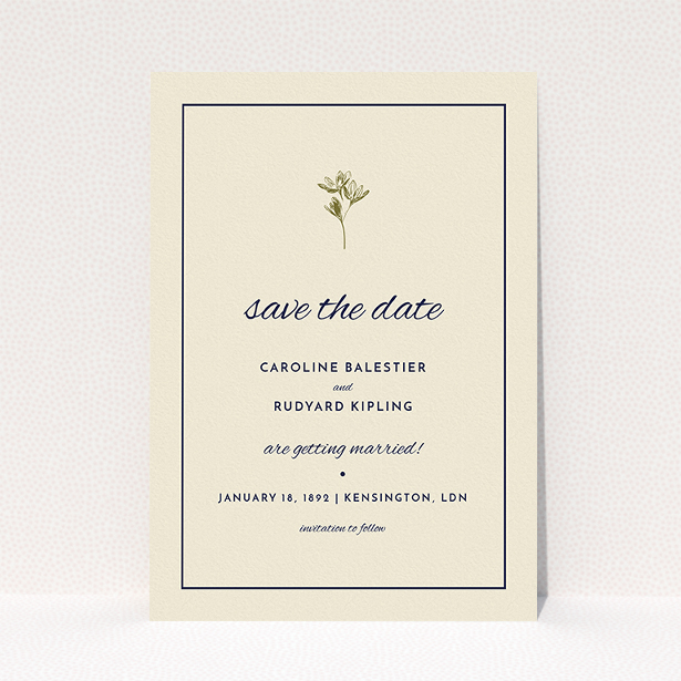 A wedding save the date card design called "My little daisy". It is an A5 card in a portrait orientation. "My little daisy" is available as a flat card, with tones of cream and gold.