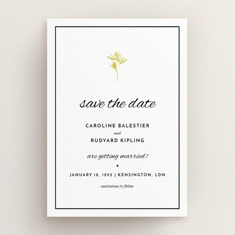 A wedding save the date card design named "My little daisy". It is an A5 card in a portrait orientation. "My little daisy" is available as a flat card, with mainly gold colouring.