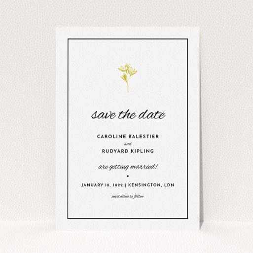 A wedding save the date card design named "My little daisy". It is an A5 card in a portrait orientation. "My little daisy" is available as a flat card, with mainly gold colouring.