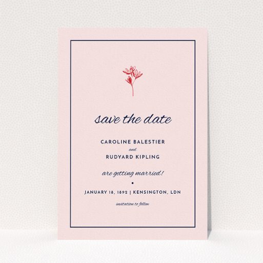 A wedding save the date card design titled "My little daisy". It is an A5 card in a portrait orientation. "My little daisy" is available as a flat card, with mainly pink colouring.