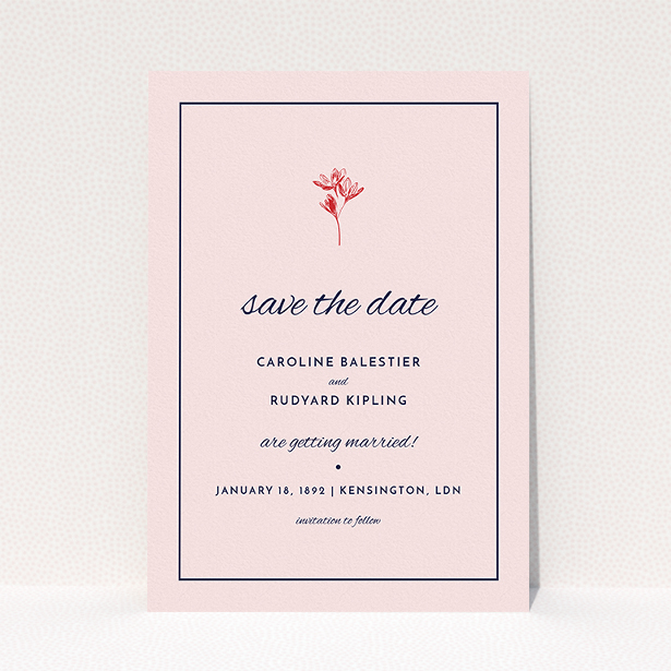 A wedding save the date card design titled "My little daisy". It is an A5 card in a portrait orientation. "My little daisy" is available as a flat card, with mainly pink colouring.