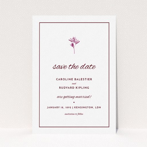 A wedding save the date card named "My little daisy". It is an A5 card in a portrait orientation. "My little daisy" is available as a flat card, with tones of white and burgundy.