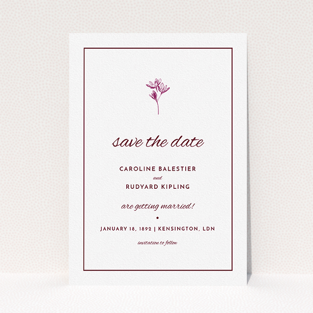 A wedding save the date card named "My little daisy". It is an A5 card in a portrait orientation. "My little daisy" is available as a flat card, with tones of white and burgundy.