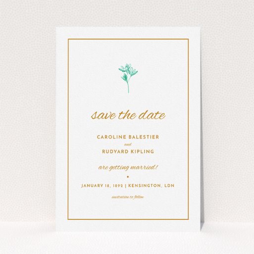 A wedding save the date card template titled "My little daisy". It is an A5 card in a portrait orientation. "My little daisy" is available as a flat card, with tones of white and green.