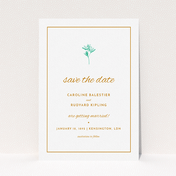 A wedding save the date card template titled "My little daisy". It is an A5 card in a portrait orientation. "My little daisy" is available as a flat card, with tones of white and green.