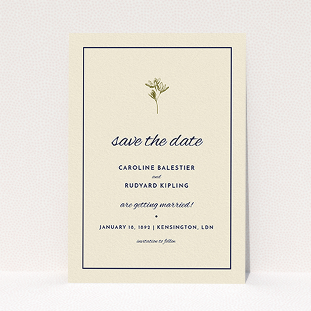 A wedding save the date card design called "My little daisy". It is an A6 card in a portrait orientation. "My little daisy" is available as a flat card, with tones of cream and gold.
