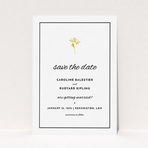 A wedding save the date card named "My little daisy". It is an A6 card in a portrait orientation. "My little daisy" is available as a flat card, with mainly gold colouring.
