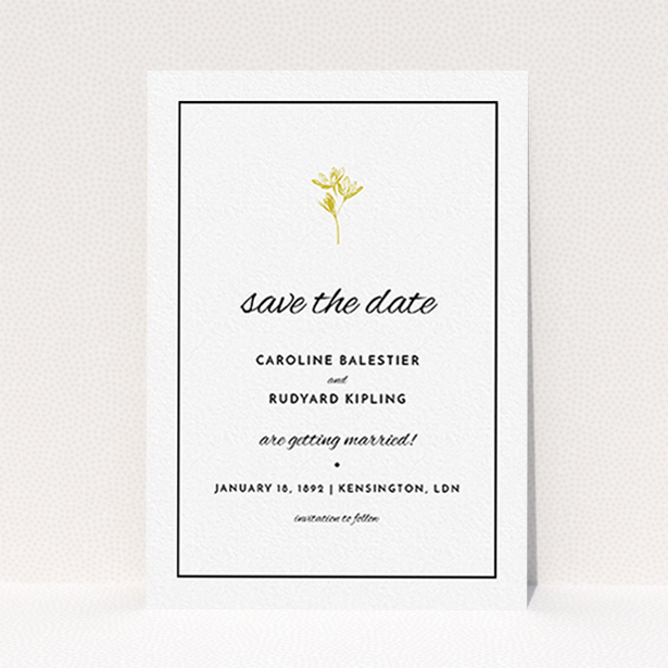 A wedding save the date card named "My little daisy". It is an A6 card in a portrait orientation. "My little daisy" is available as a flat card, with mainly gold colouring.
