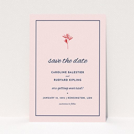A wedding save the date card named "My little daisy". It is an A6 card in a portrait orientation. "My little daisy" is available as a flat card, with mainly pink colouring.