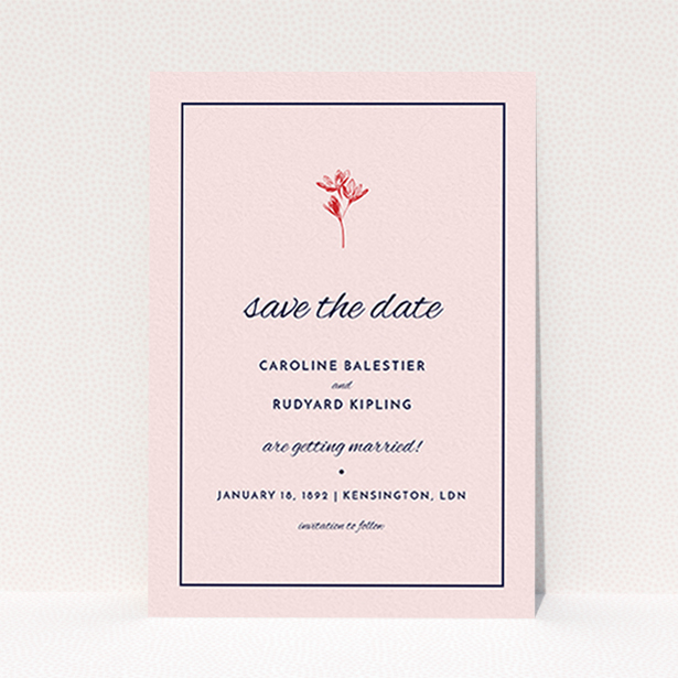 A wedding save the date card named "My little daisy". It is an A6 card in a portrait orientation. "My little daisy" is available as a flat card, with mainly pink colouring.