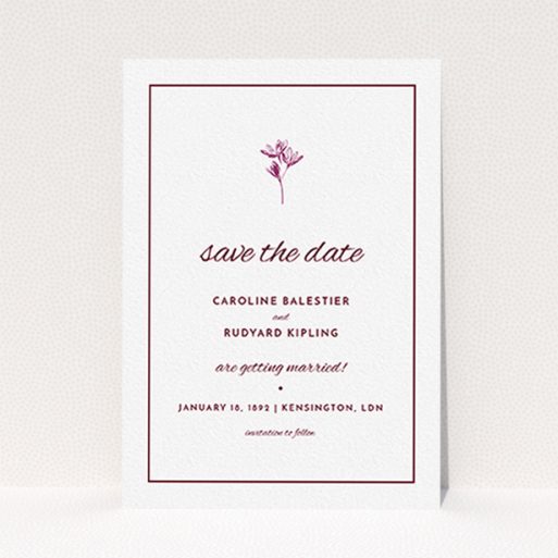 A wedding save the date card design named "My little daisy". It is an A6 card in a portrait orientation. "My little daisy" is available as a flat card, with tones of white and burgundy.