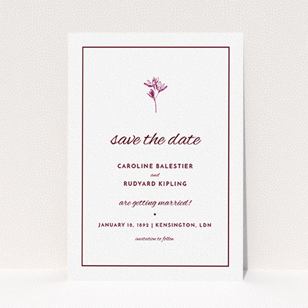 A wedding save the date card design named "My little daisy". It is an A6 card in a portrait orientation. "My little daisy" is available as a flat card, with tones of white and burgundy.