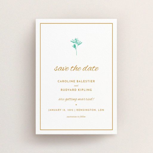 A wedding save the date card design titled "My little daisy". It is an A6 card in a portrait orientation. "My little daisy" is available as a flat card, with tones of white and green.