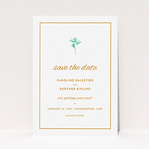 A wedding save the date card design titled "My little daisy". It is an A6 card in a portrait orientation. "My little daisy" is available as a flat card, with tones of white and green.