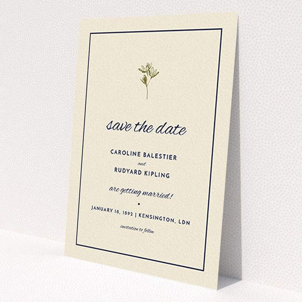 A wedding save the date card design called "My little daisy". It is an A6 card in a portrait orientation. "My little daisy" is available as a flat card, with tones of cream and gold.