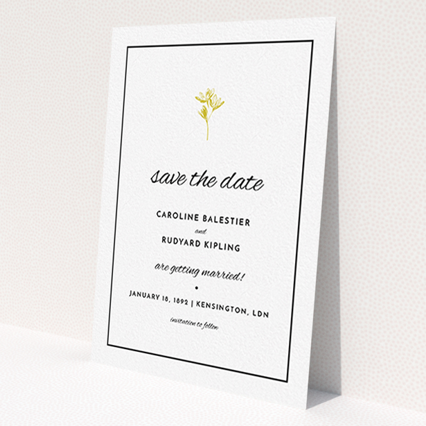 A wedding save the date card named 'My little daisy'. It is an A6 card in a portrait orientation. 'My little daisy' is available as a flat card, with mainly gold colouring.