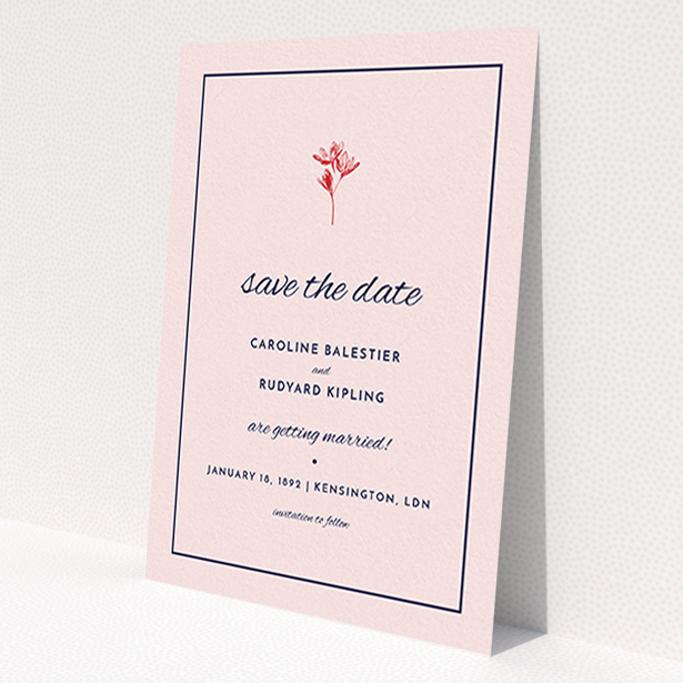 A wedding save the date card named 'My little daisy'. It is an A6 card in a portrait orientation. 'My little daisy' is available as a flat card, with mainly pink colouring.