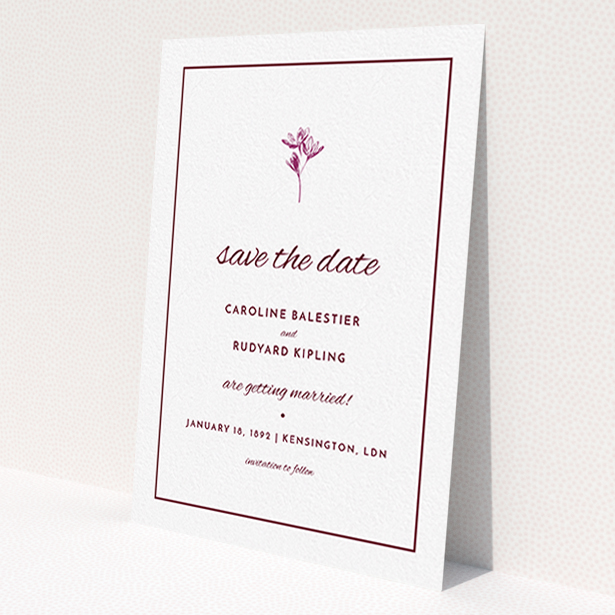 A wedding save the date card design named 'My little daisy'. It is an A6 card in a portrait orientation. 'My little daisy' is available as a flat card, with tones of white and burgundy.