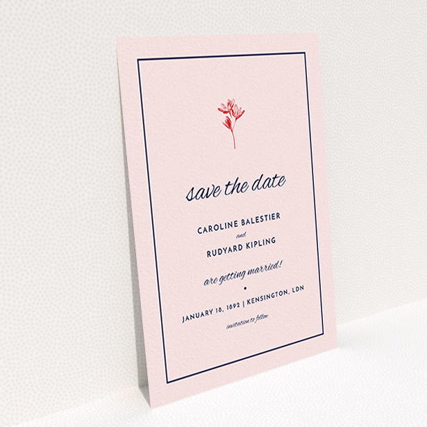 A wedding save the date card named "My little daisy". It is an A6 card in a portrait orientation. "My little daisy" is available as a flat card, with mainly pink colouring.