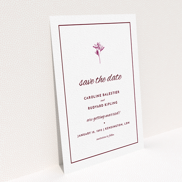 A wedding save the date card design named "My little daisy". It is an A6 card in a portrait orientation. "My little daisy" is available as a flat card, with tones of white and burgundy.