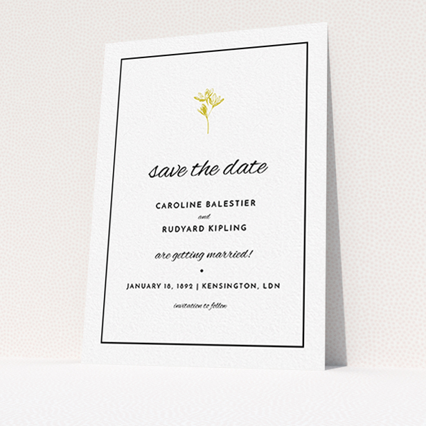 A wedding save the date card named "My little daisy". It is an A6 card in a portrait orientation. "My little daisy" is available as a flat card, with mainly gold colouring.