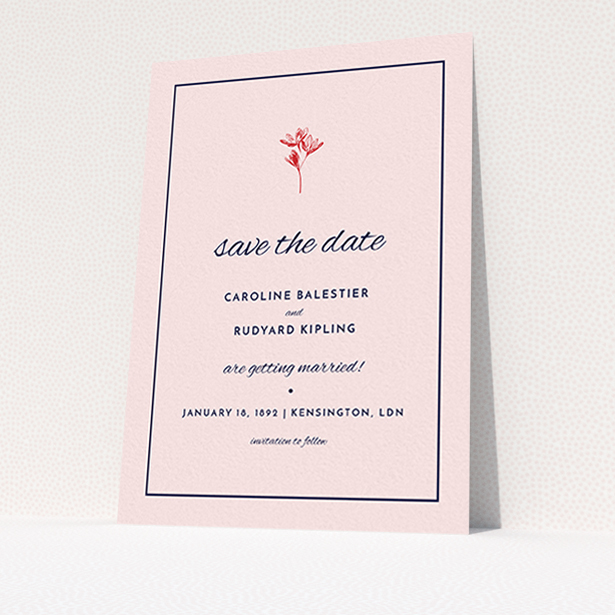 A wedding save the date card named "My little daisy". It is an A6 card in a portrait orientation. "My little daisy" is available as a flat card, with mainly pink colouring.
