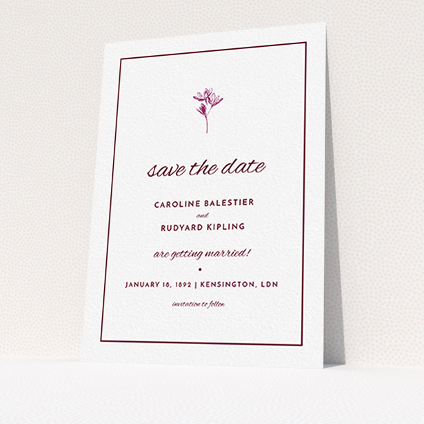 A wedding save the date card design named "My little daisy". It is an A6 card in a portrait orientation. "My little daisy" is available as a flat card, with tones of white and burgundy.