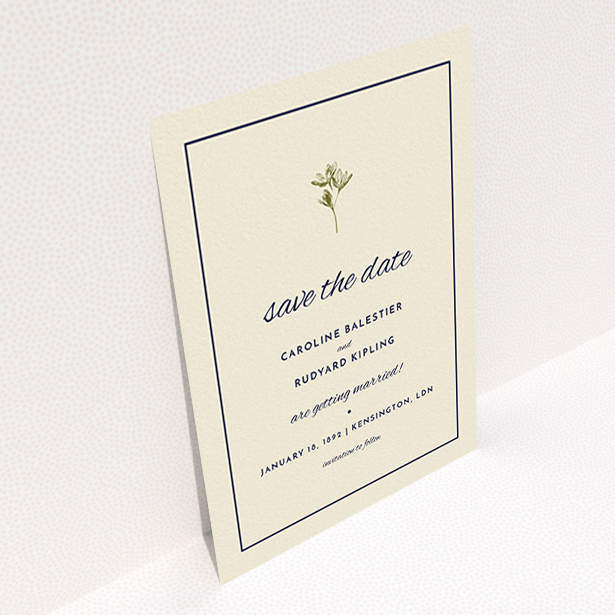 A wedding save the date card design called "My little daisy". It is an A6 card in a portrait orientation. "My little daisy" is available as a flat card, with tones of cream and gold.
