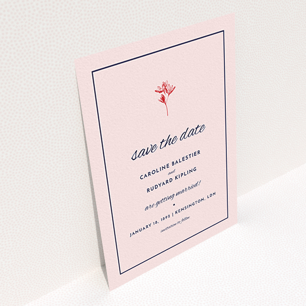 A wedding save the date card named "My little daisy". It is an A6 card in a portrait orientation. "My little daisy" is available as a flat card, with mainly pink colouring.