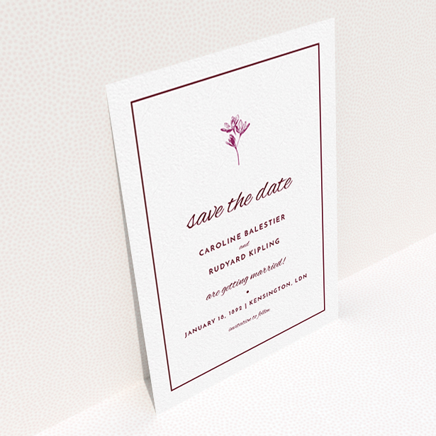 A wedding save the date card design named "My little daisy". It is an A6 card in a portrait orientation. "My little daisy" is available as a flat card, with tones of white and burgundy.