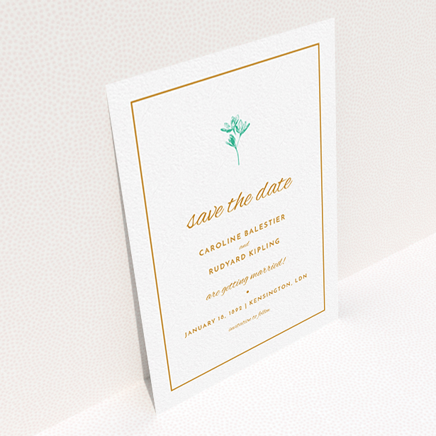 A wedding save the date card design titled "My little daisy". It is an A6 card in a portrait orientation. "My little daisy" is available as a flat card, with tones of white and green.