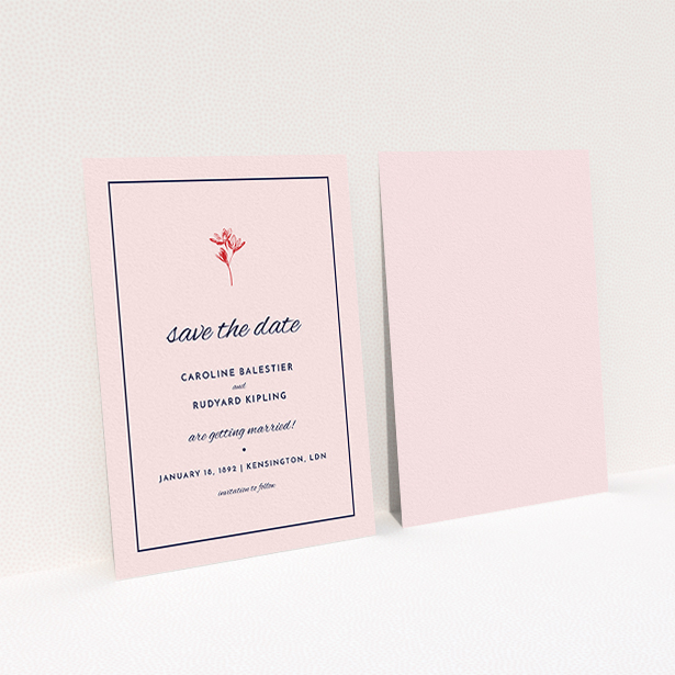 A wedding save the date card named "My little daisy". It is an A6 card in a portrait orientation. "My little daisy" is available as a flat card, with mainly pink colouring.