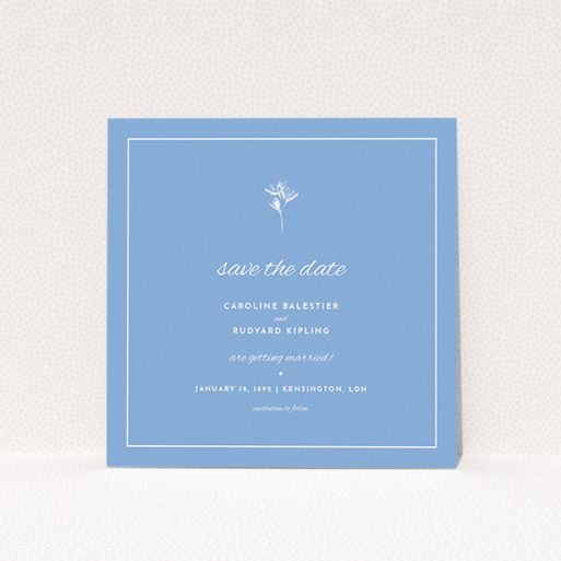A wedding save the date card design called "My little daisy". It is a square (148mm x 148mm) card in a square orientation. "My little daisy" is available as a flat card, with tones of blue and white.
