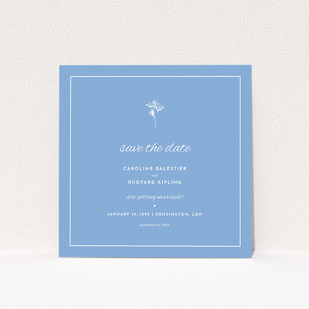 A wedding save the date card design called "My little daisy". It is a square (148mm x 148mm) card in a square orientation. "My little daisy" is available as a flat card, with tones of blue and white.