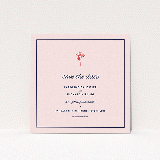 A wedding save the date card design titled "My little daisy". It is a square (148mm x 148mm) card in a square orientation. "My little daisy" is available as a flat card, with mainly pink colouring.