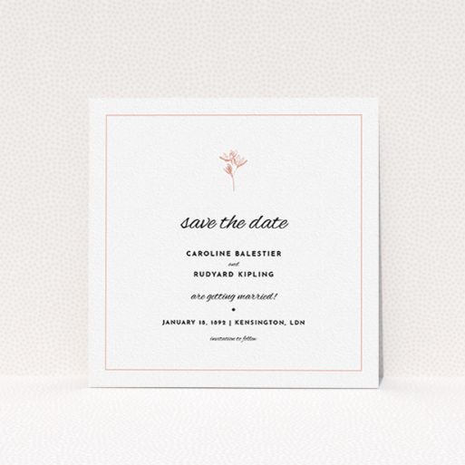 A wedding save the date card design titled "My little daisy". It is a square (148mm x 148mm) card in a square orientation. "My little daisy" is available as a flat card, with tones of white and pink.