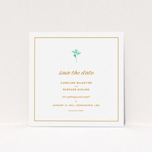 A wedding save the date card design named "My little daisy". It is a square (148mm x 148mm) card in a square orientation. "My little daisy" is available as a flat card, with tones of white and green.