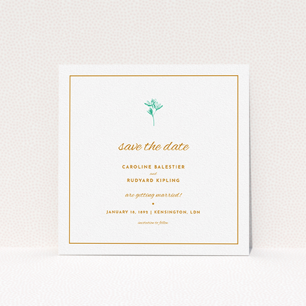 A wedding save the date card design named "My little daisy". It is a square (148mm x 148mm) card in a square orientation. "My little daisy" is available as a flat card, with tones of white and green.