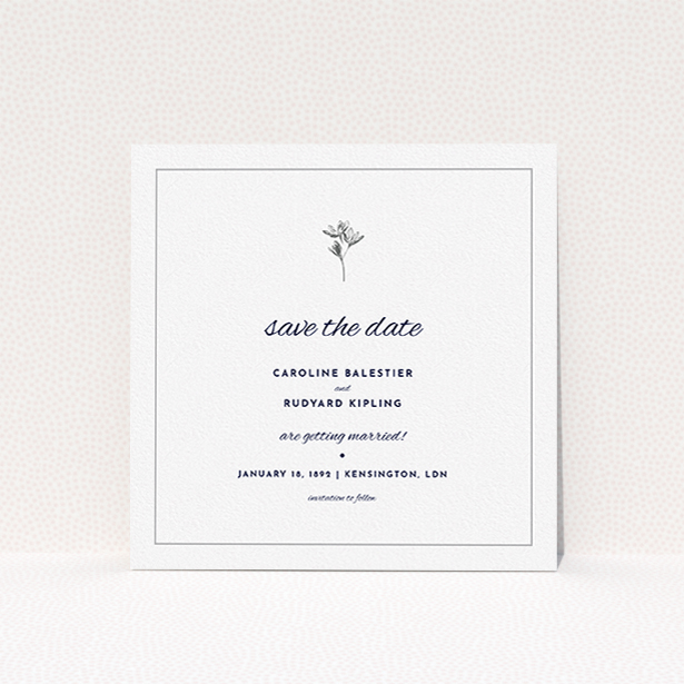 A wedding save the date card template titled "My little daisy". It is a square (148mm x 148mm) card in a square orientation. "My little daisy" is available as a flat card, with tones of white and Dark grey.