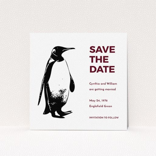 A wedding save the date card called "My little penguin". It is a square (148mm x 148mm) card in a square orientation. "My little penguin" is available as a flat card, with tones of black and burgundy.