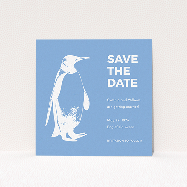 A wedding save the date card template titled "My little penguin". It is a square (148mm x 148mm) card in a square orientation. "My little penguin" is available as a flat card, with tones of blue and white.